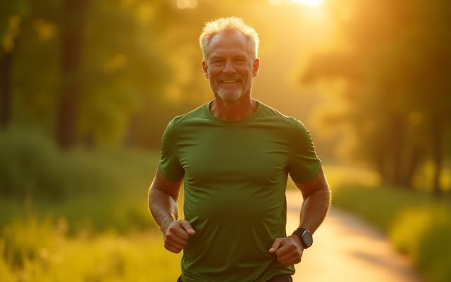 Man jogging outdoors in midlife, looking healthy and active