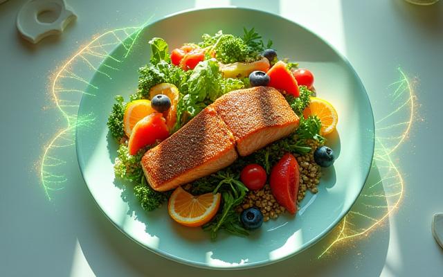 A vibrant array of healthy foods with genetic visualization overlay